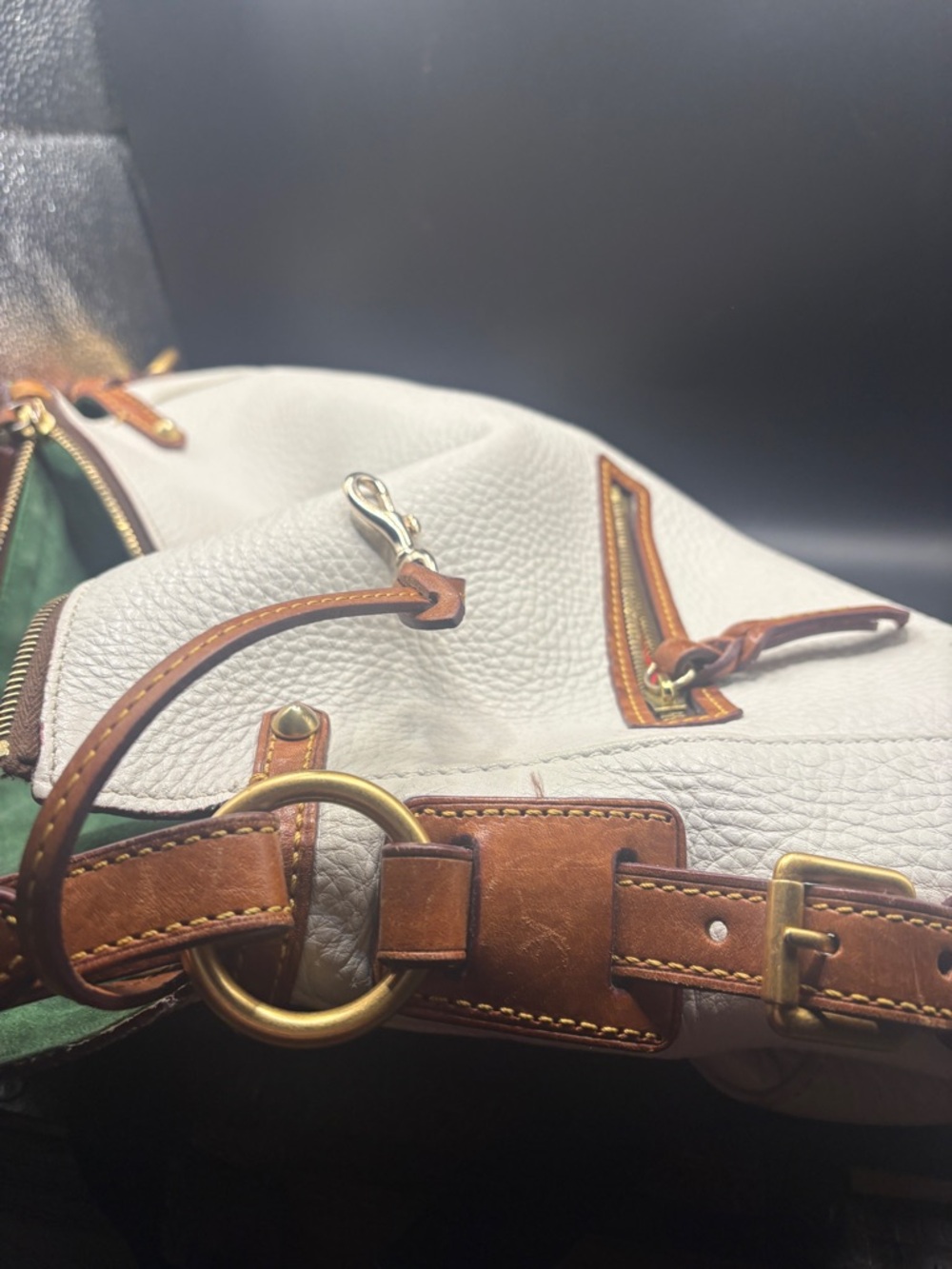 Dooney Bourke Pebble Grain White Leather Double Zip Pocket Hobo Bag Florentine - Picture 3 of 9